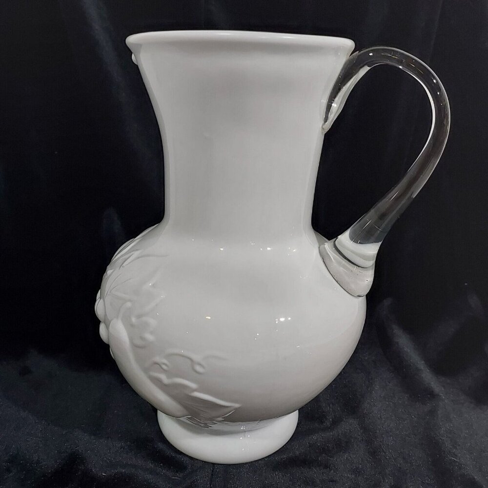 Antique Milk Glass Pitcher Applied Clear Handle Cottage Core Embossed Fruit - Picture 4 of 10